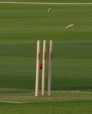 English: Wicket, the stumps being hit by a ball